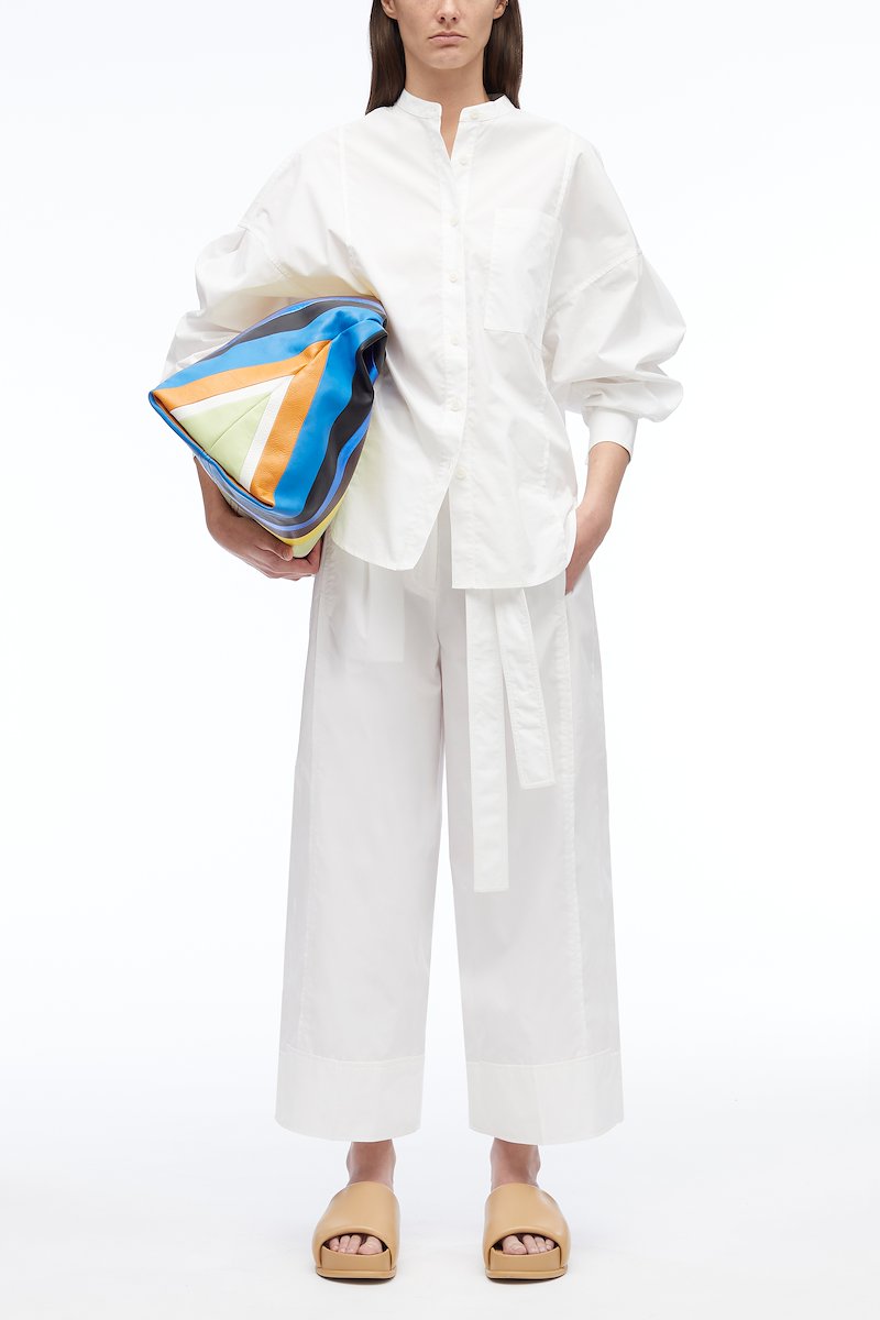 Long Sleeve Band Collar Poplin Shirt -white #0 Long Sleeve Band Collar Poplin Shirt , band collar oversized shirt from 3.1 PHILLIP LIM featuring white, cotton blend, band collar, drop shoulder, front button fastening, oversize arms, chest patch pocket, buttoned cuffs and curved hem.- 0