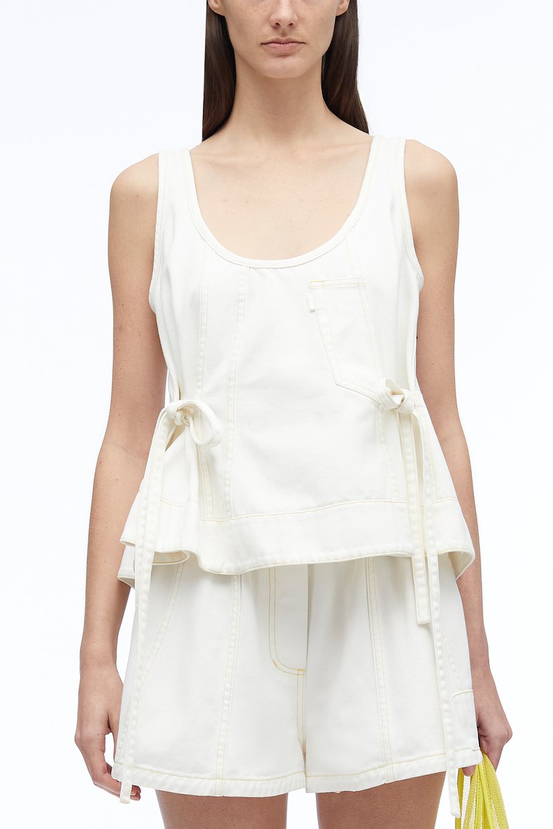 Stonewashed Denim Tank With Side Ties-white #1 Stonewashed Denim Tank With Side Ties, side-tie detailing tank top from 3.1 PHILLIP LIM featuring white, cotton, denim, contrast stitching, U-neck, sleeveless, side tie fastening and straight hem.- 1