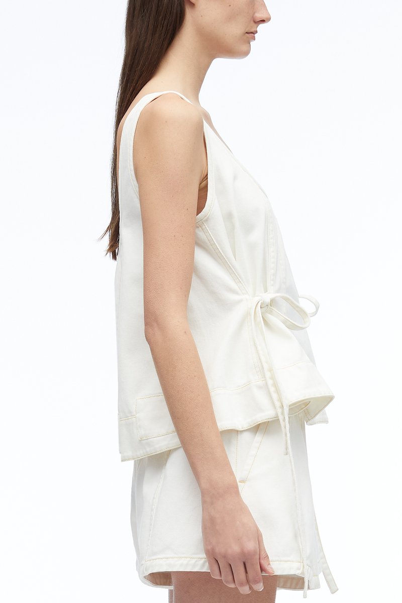 Stonewashed Denim Tank With Side Ties-white #0 Stonewashed Denim Tank With Side Ties, side-tie detailing tank top from 3.1 PHILLIP LIM featuring white, cotton, denim, contrast stitching, U-neck, sleeveless, side tie fastening and straight hem.- 2