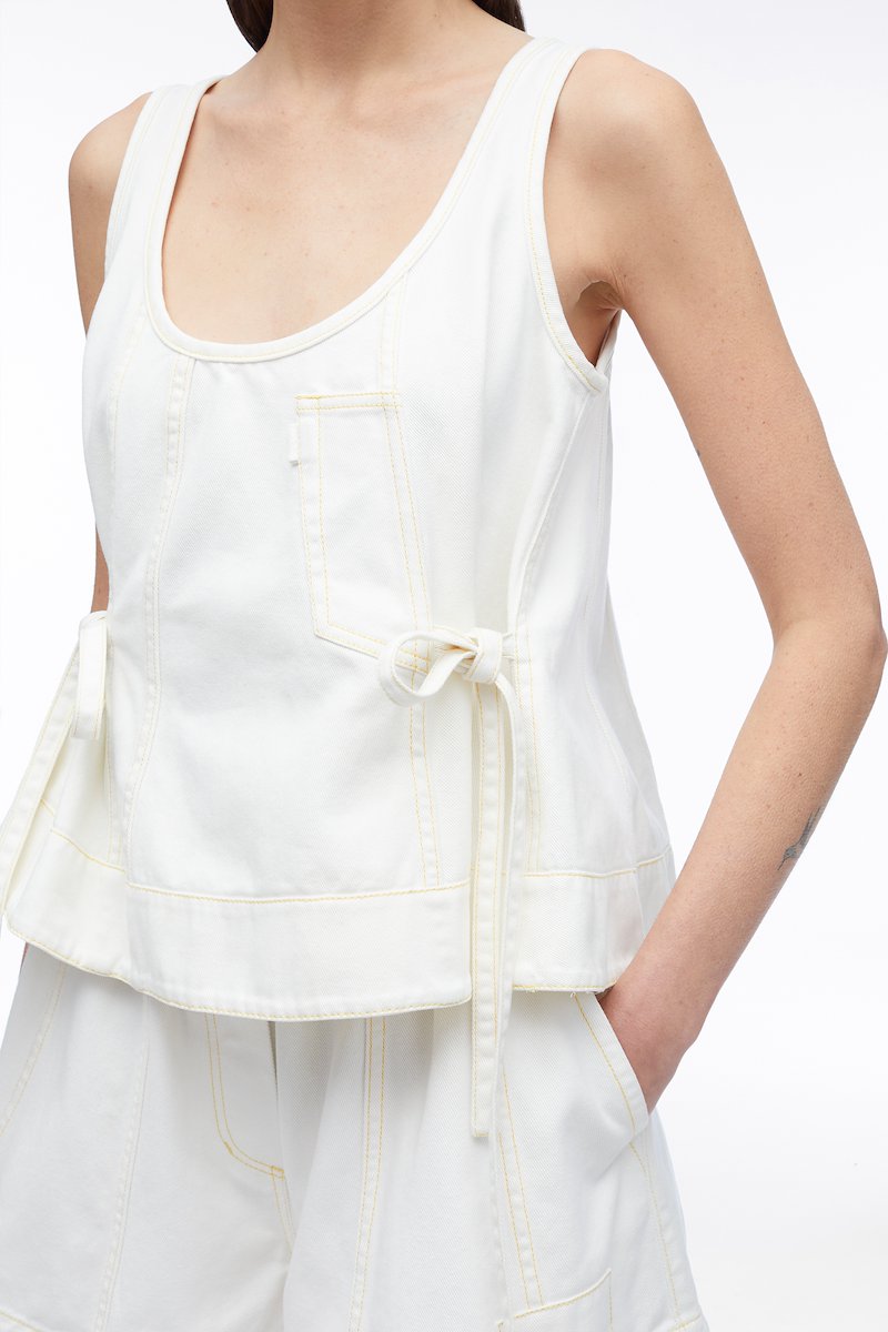 Stonewashed Denim Tank With Side Ties-white #0 Stonewashed Denim Tank With Side Ties, side-tie detailing tank top from 3.1 PHILLIP LIM featuring white, cotton, denim, contrast stitching, U-neck, sleeveless, side tie fastening and straight hem.- 4