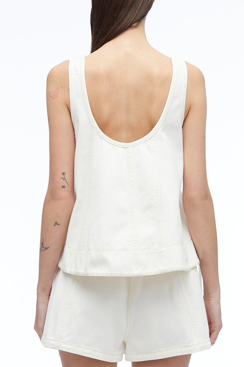Stonewashed Denim Tank With Side Ties-white #1 Stonewashed Denim Tank With Side Ties, side-tie detailing tank top from 3.1 PHILLIP LIM featuring white, cotton, denim, contrast stitching, U-neck, sleeveless, side tie fastening and straight hem.- 3