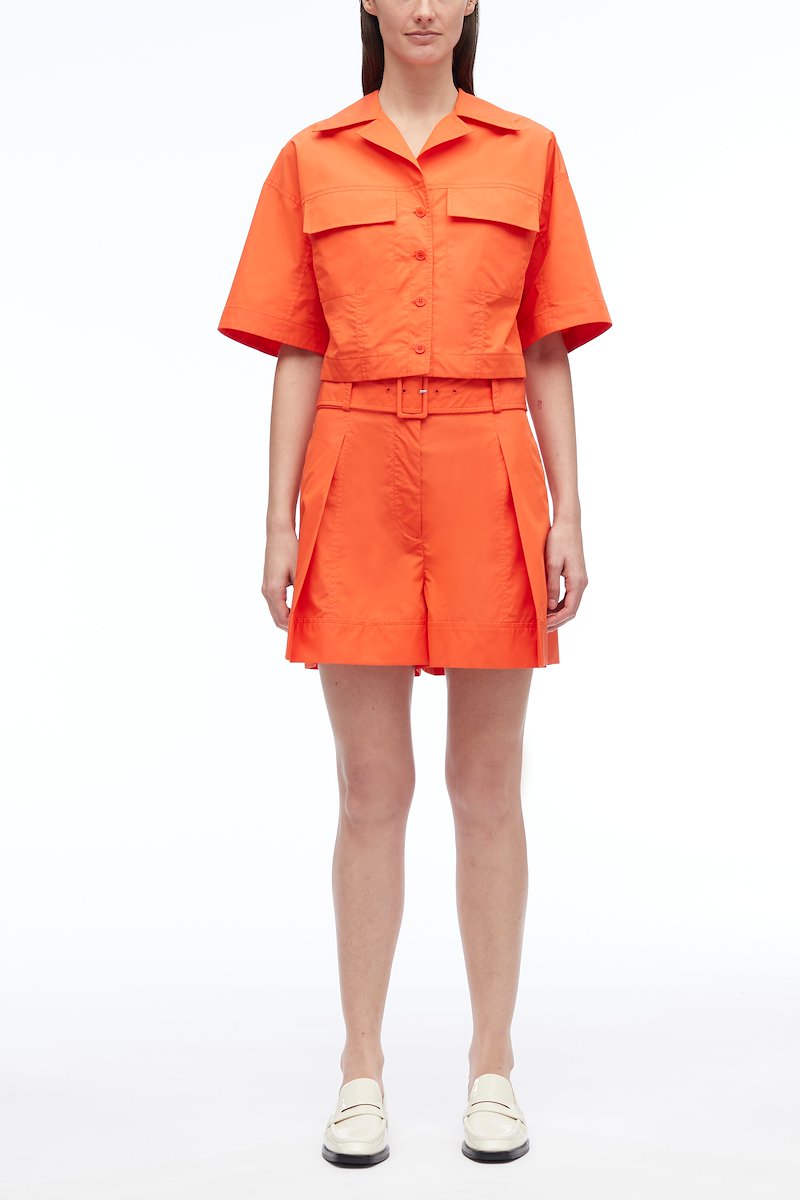 Poplin Belted Utility Short-orange #0 Poplin Belted Utility Short, pleat-detail belted shorts from 3.1 PHILLIP LIM featuring tangerine orange, cotton blend, pleat detailing, detachable and adjustable waist belt, belt loops, concealed front fastening, two side slit pockets, rear button-fastening pocket and straight hem.- 0