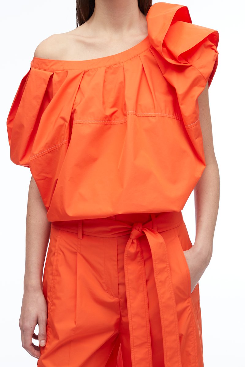 Poplin Wide Leg Pant-orange #0 Poplin Wide Leg Pant, pleat-detail belted cropped trousers from 3.1 PHILLIP LIM featuring tangerine orange, cotton blend, pleat detailing, high-waisted, detachable belt, belt loops, concealed front fastening, two side slit pockets, rear button-fastening pocket and cropped leg.- 4