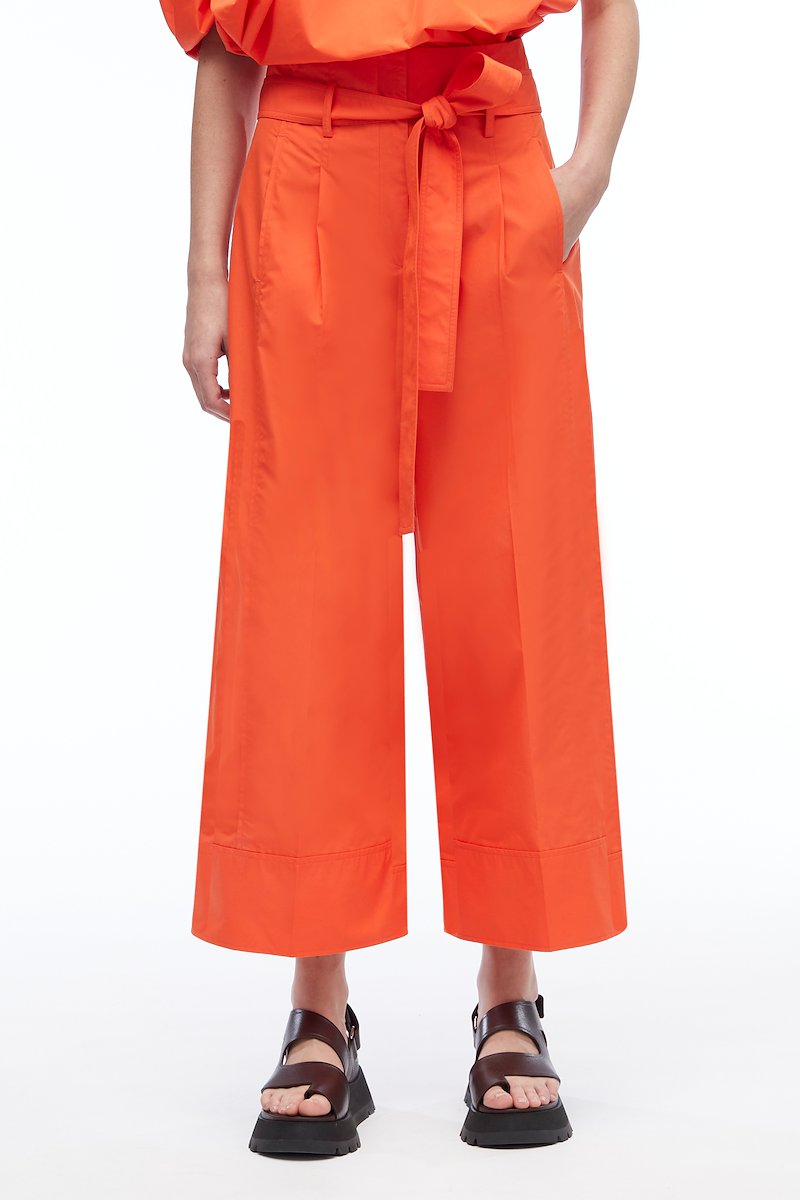 Poplin Wide Leg Pant-orange #1 Poplin Wide Leg Pant, pleat-detail belted cropped trousers from 3.1 PHILLIP LIM featuring tangerine orange, cotton blend, pleat detailing, high-waisted, detachable belt, belt loops, concealed front fastening, two side slit pockets, rear button-fastening pocket and cropped leg.- 1
