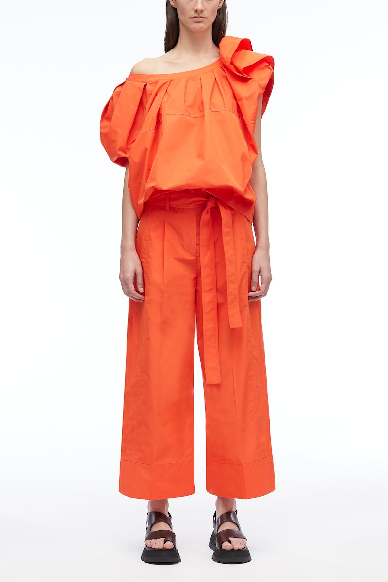 Poplin Wide Leg Pant-orange #0 Poplin Wide Leg Pant, pleat-detail belted cropped trousers from 3.1 PHILLIP LIM featuring tangerine orange, cotton blend, pleat detailing, high-waisted, detachable belt, belt loops, concealed front fastening, two side slit pockets, rear button-fastening pocket and cropped leg.- 0