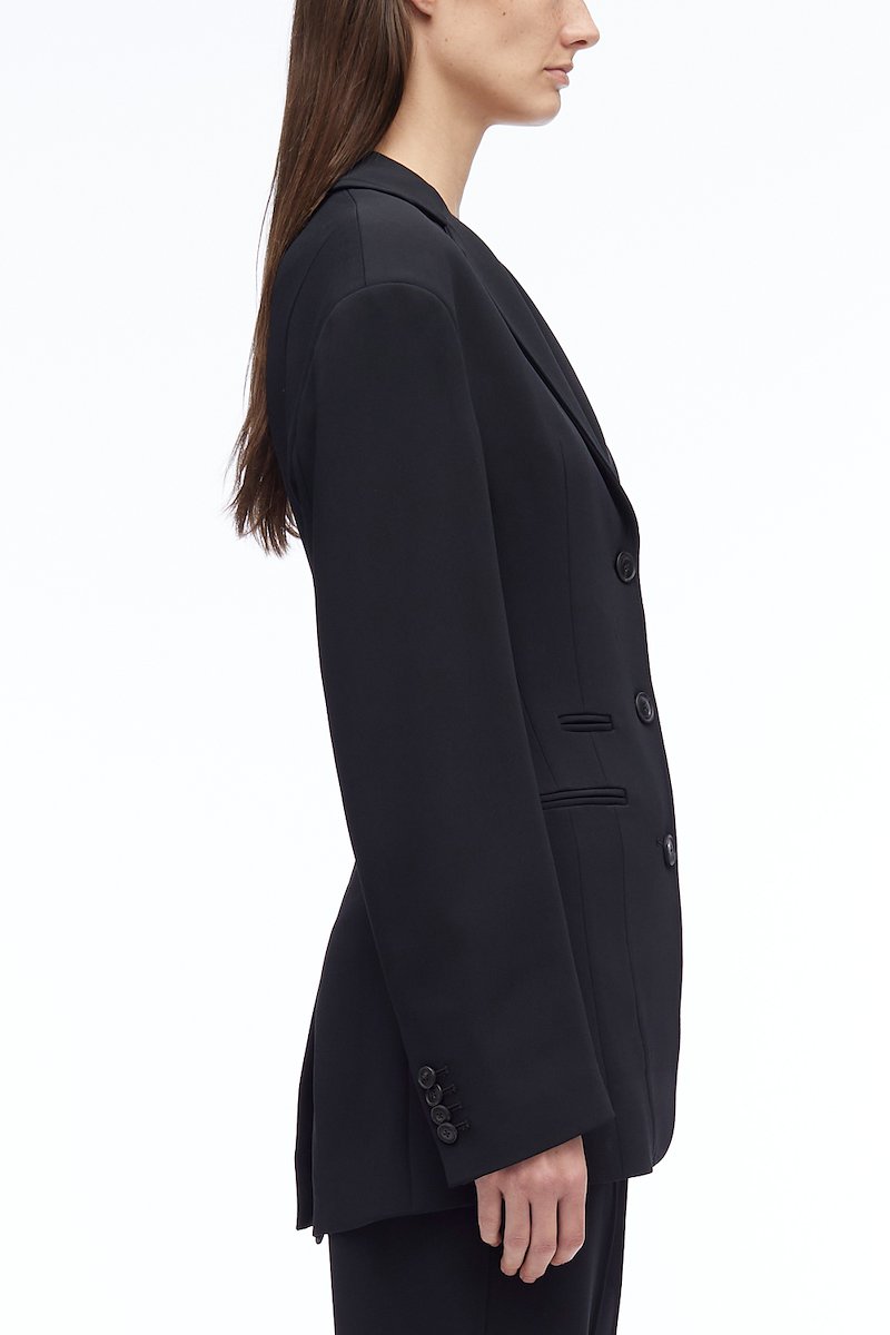 Matte Crepe Cinched Blazer-black #0 Matte Crepe Cinched Blazer, single-breasted tailored blazer from 3.1 PHILLIP LIM featuring black, notched lapels, front button fastening, long sleeves, front welt pocket, buttoned cuffs, buttoned central rear vent and straight hem.- 2