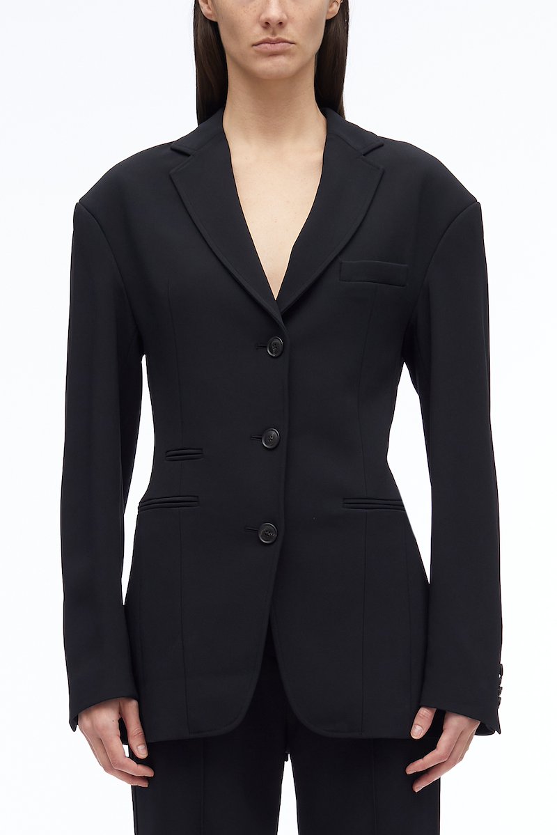 Matte Crepe Cinched Blazer-black #1 Matte Crepe Cinched Blazer, single-breasted tailored blazer from 3.1 PHILLIP LIM featuring black, notched lapels, front button fastening, long sleeves, front welt pocket, buttoned cuffs, buttoned central rear vent and straight hem.- 1