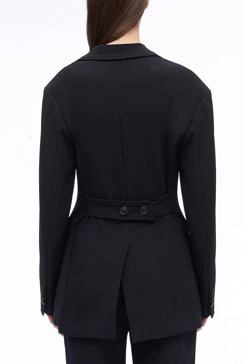 Matte Crepe Cinched Blazer-black #1 Matte Crepe Cinched Blazer, single-breasted tailored blazer from 3.1 PHILLIP LIM featuring black, notched lapels, front button fastening, long sleeves, front welt pocket, buttoned cuffs, buttoned central rear vent and straight hem.- 3