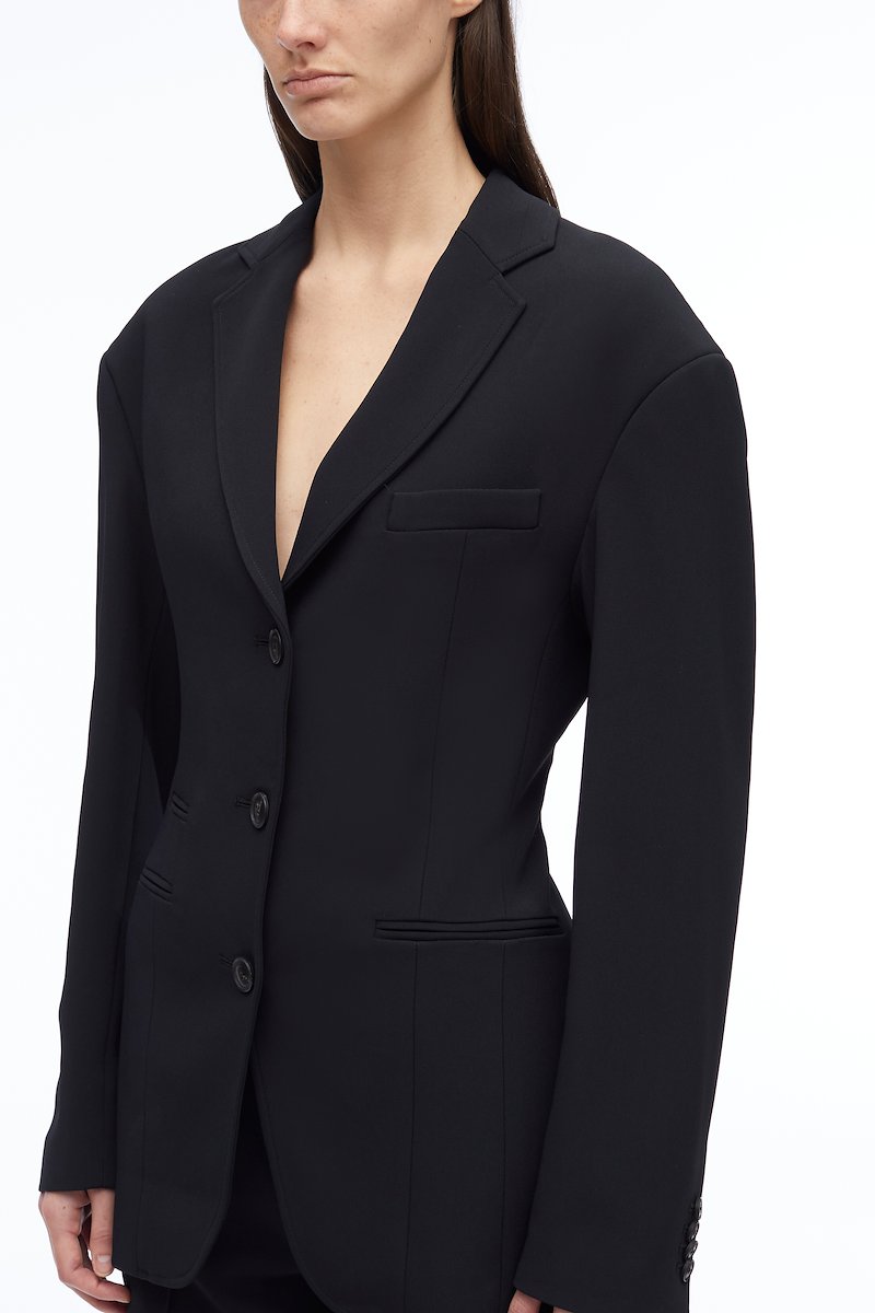 Matte Crepe Cinched Blazer-black #0 Matte Crepe Cinched Blazer, single-breasted tailored blazer from 3.1 PHILLIP LIM featuring black, notched lapels, front button fastening, long sleeves, front welt pocket, buttoned cuffs, buttoned central rear vent and straight hem.- 4