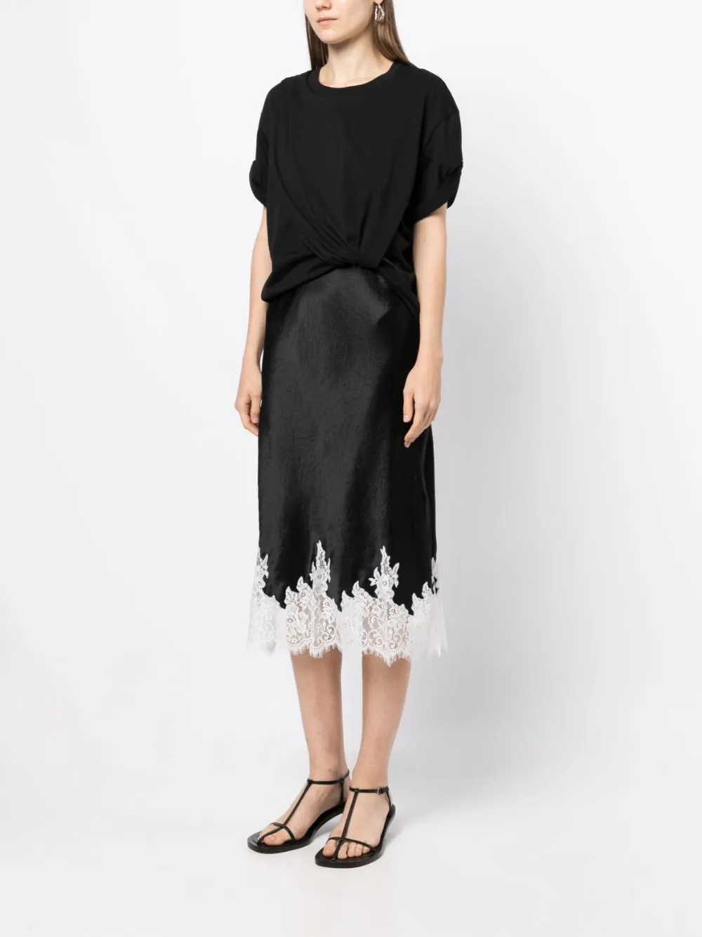 3.1 Phillip Lim Draped Cotton-jersey And Lace-trimmed Satin Midi Dress In Black