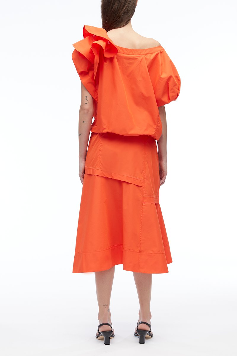 Voluminous Poplin Flower Midi Dress-orange #0 Voluminous Poplin Flower Midi Dress, gathered-detail off-shoulder dress from 3.1 PHILLIP LIM featuring tangerine orange, cotton blend, asymmetric design, pleat detailing, gathered detailing, ruffled detailing, off-shoulder, short sleeves, A-line skirt, straight hem and knee-length.- 2