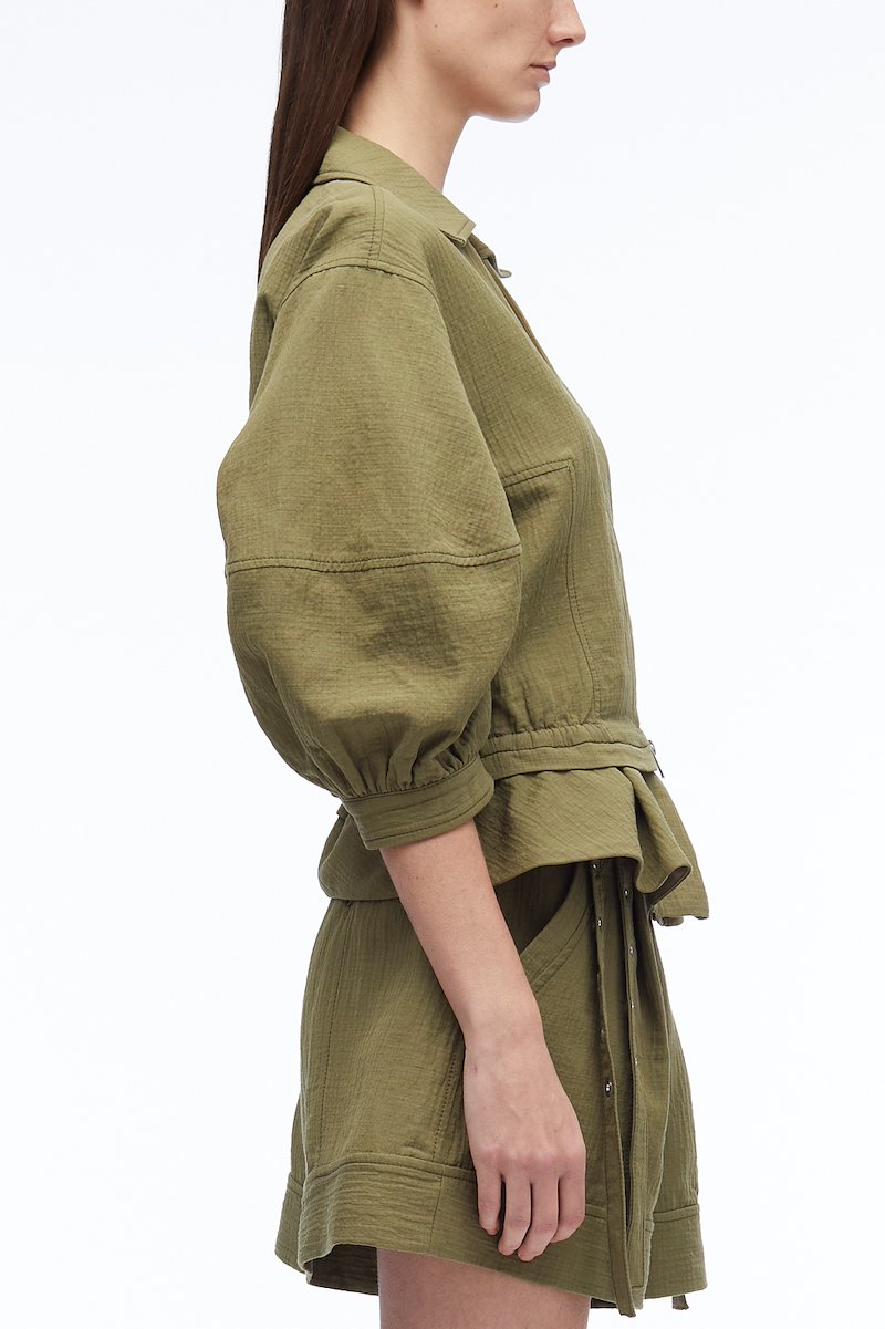 Puff Sleeve Zip Top-green #0 Puff Sleeve Zip Top, null- 2