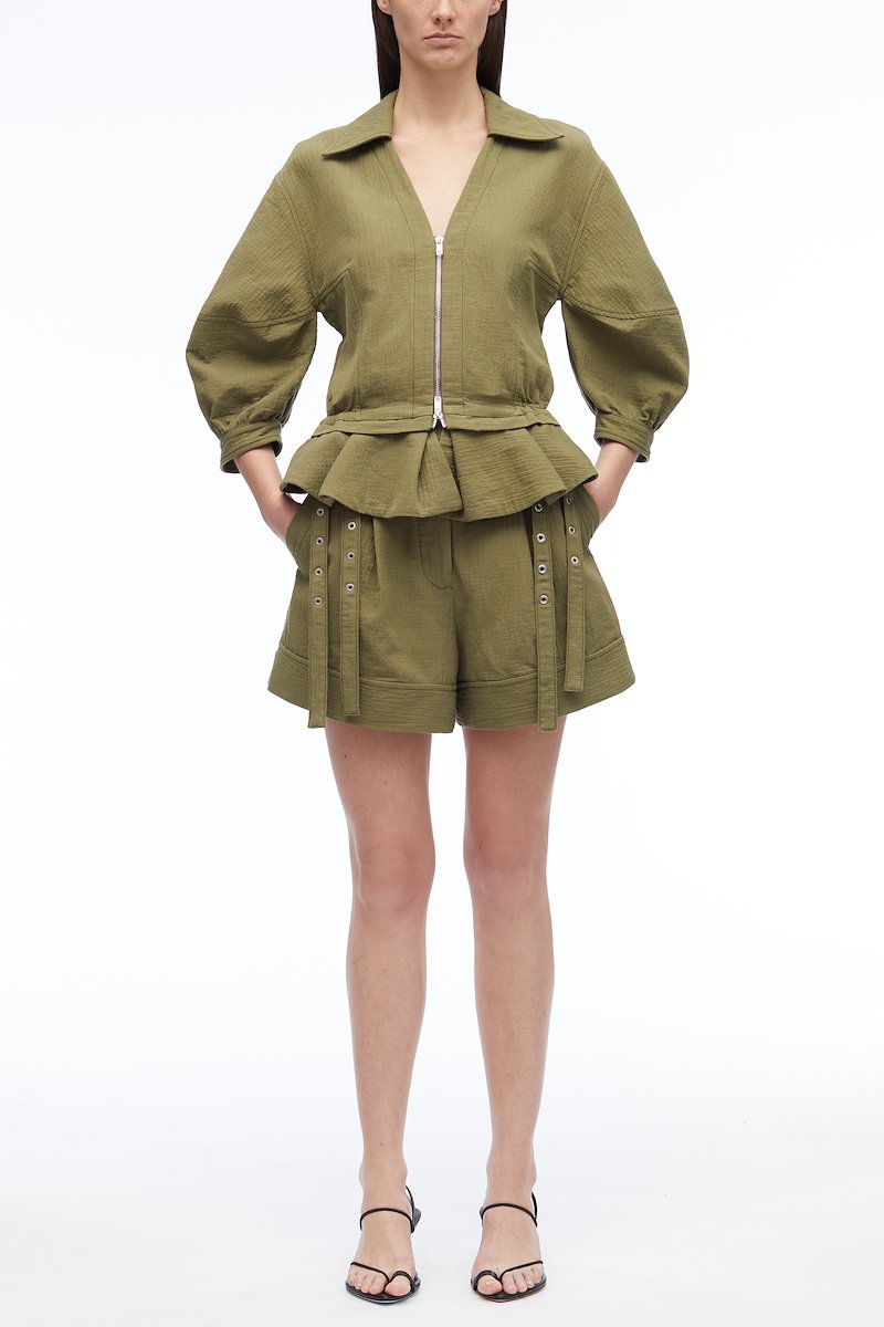Puff Sleeve Zip Top-green #0 Puff Sleeve Zip Top, null- 0