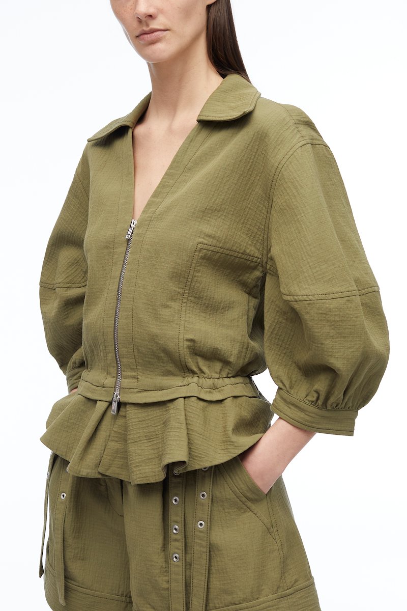 Puff Sleeve Zip Top-green #1 Puff Sleeve Zip Top, null- 1