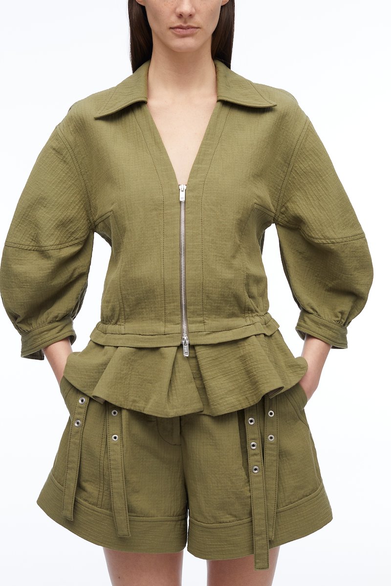 Puff Sleeve Zip Top-green #0 Puff Sleeve Zip Top, null- 4