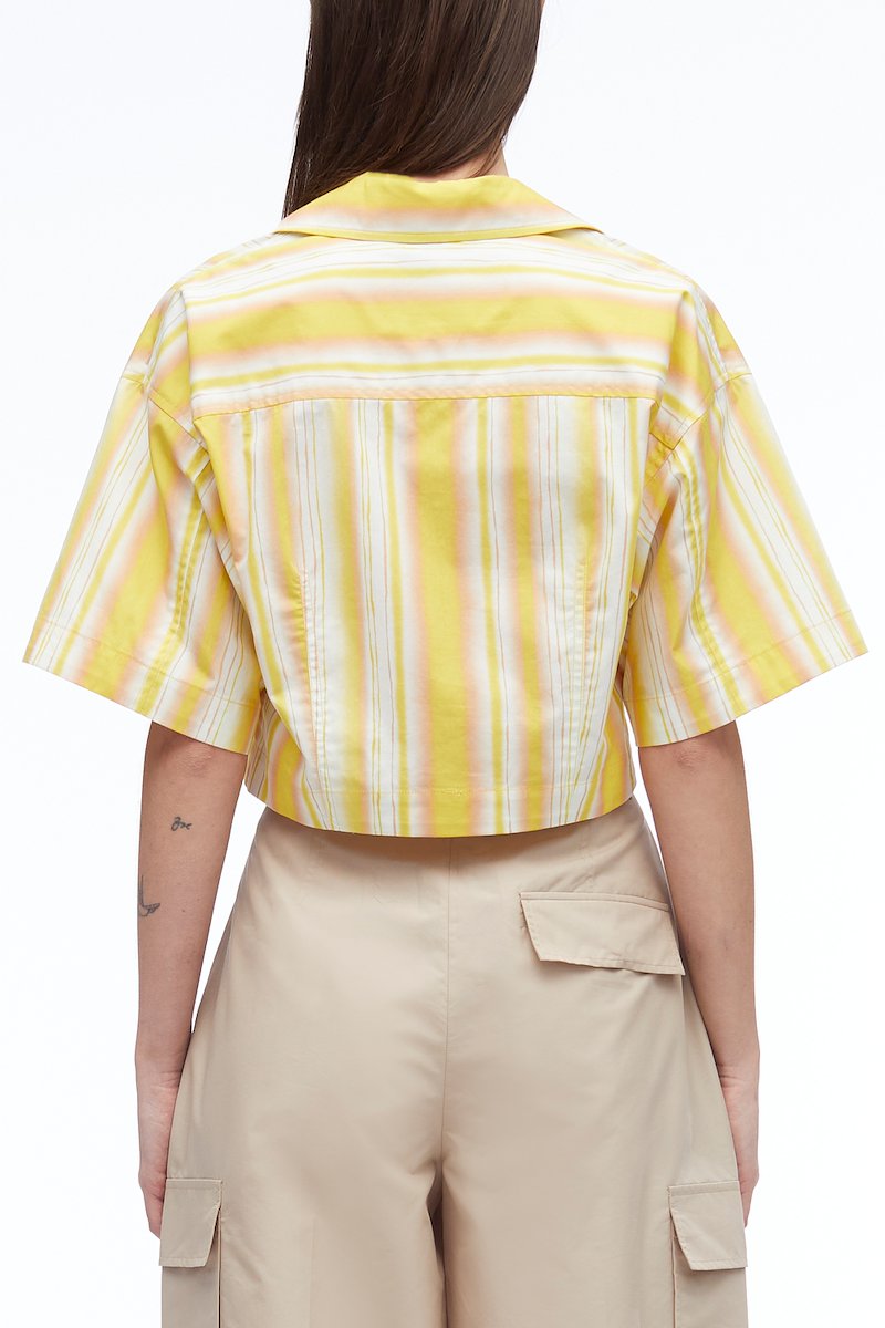 Painted Stripe Cropped Shirt-yellow #1 Painted Stripe Cropped Shirt, striped cropped cotton shirt from 3.1 PHILLIP LIM featuring lemon yellow, multicolour, cotton, multi-way stripe pattern, peak lapels, V-neck, cropped, front button fastening, short sleeves, two chest flap pockets and straight hem.- 3