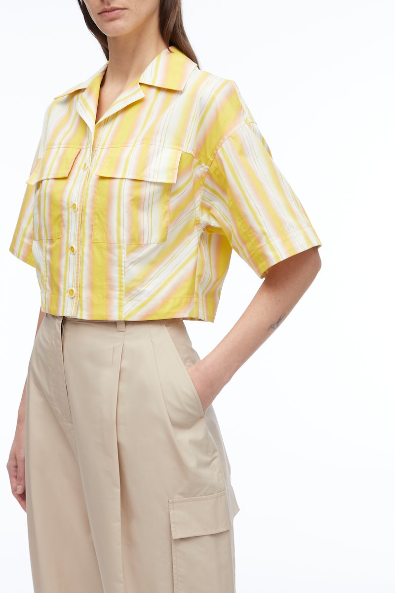 Painted Stripe Cropped Shirt-yellow #0 Painted Stripe Cropped Shirt, striped cropped cotton shirt from 3.1 PHILLIP LIM featuring lemon yellow, multicolour, cotton, multi-way stripe pattern, peak lapels, V-neck, cropped, front button fastening, short sleeves, two chest flap pockets and straight hem.- 4