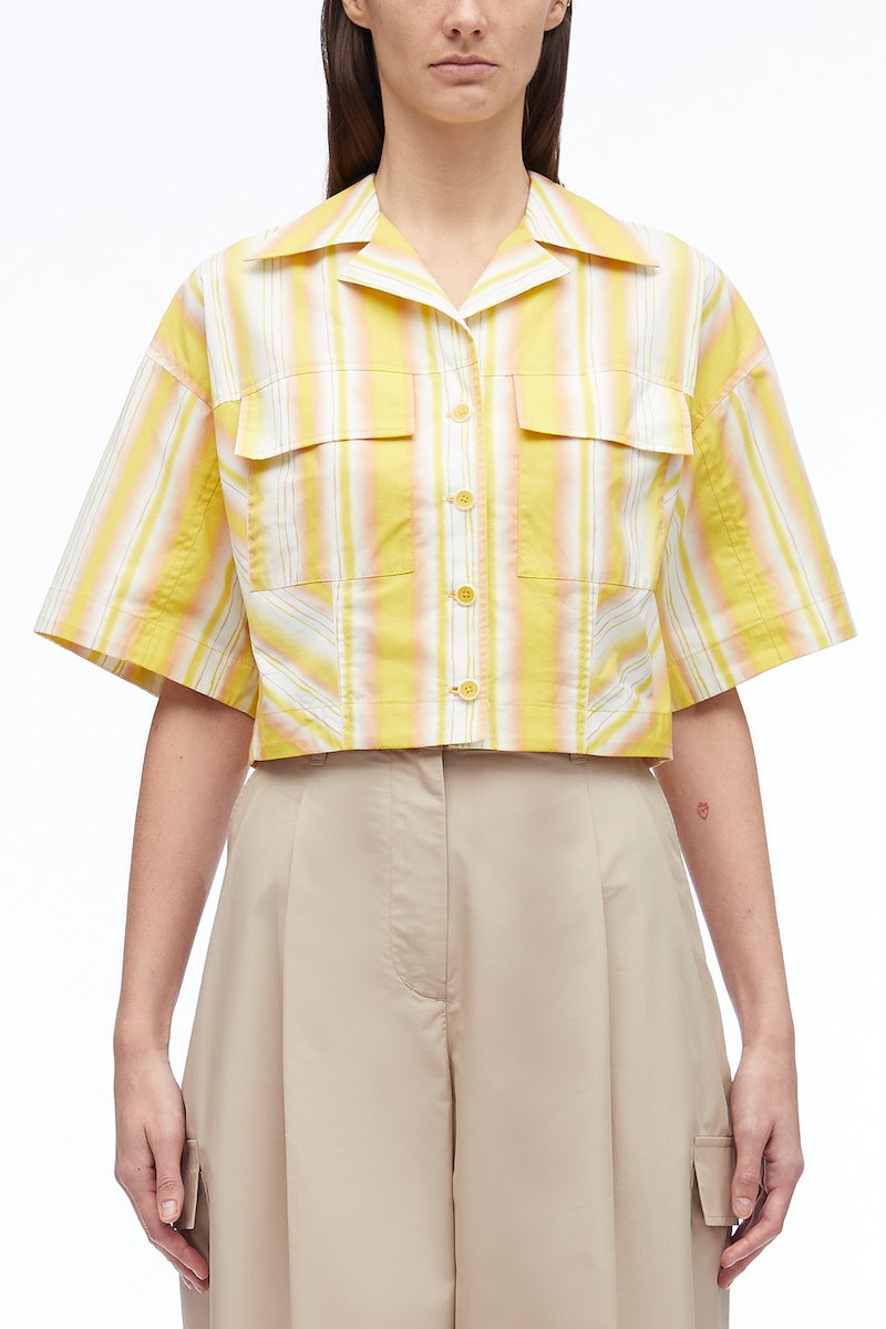 Painted Stripe Cropped Shirt-yellow #1 Painted Stripe Cropped Shirt, striped cropped cotton shirt from 3.1 PHILLIP LIM featuring lemon yellow, multicolour, cotton, multi-way stripe pattern, peak lapels, V-neck, cropped, front button fastening, short sleeves, two chest flap pockets and straight hem.- 1