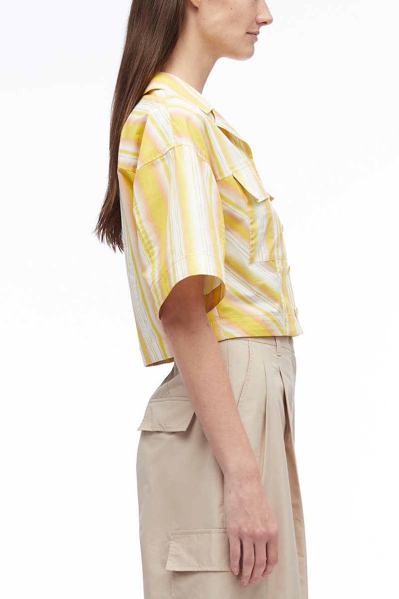 Painted Stripe Cropped Shirt-yellow #0 Painted Stripe Cropped Shirt, striped cropped cotton shirt from 3.1 PHILLIP LIM featuring lemon yellow, multicolour, cotton, multi-way stripe pattern, peak lapels, V-neck, cropped, front button fastening, short sleeves, two chest flap pockets and straight hem.- 2