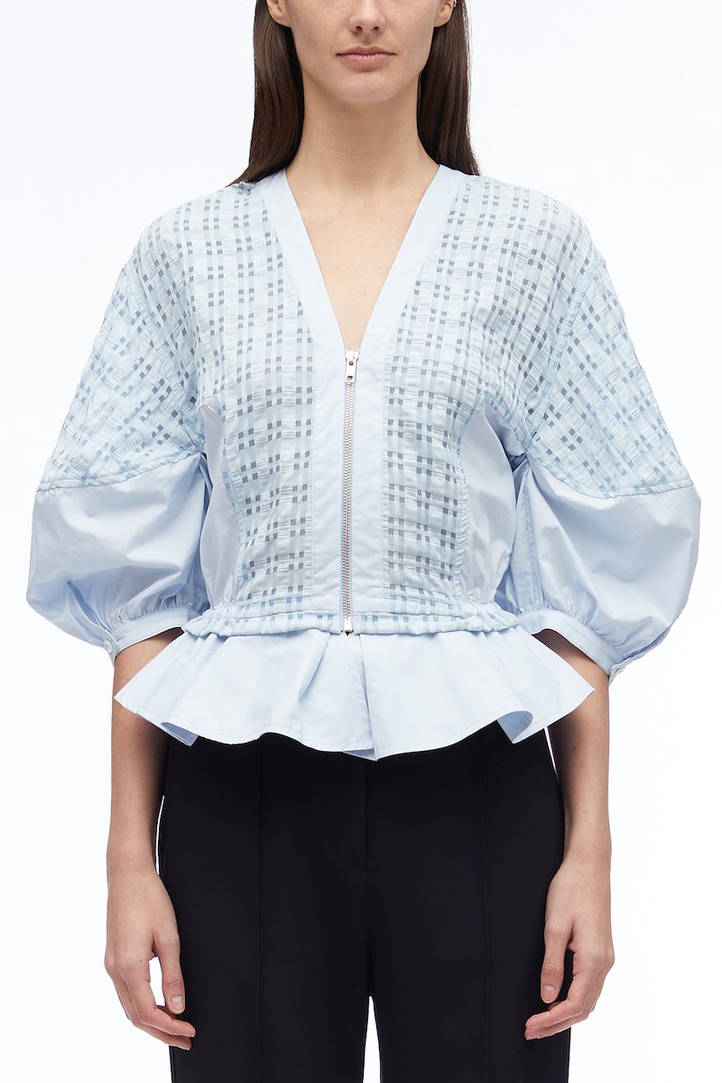 Taffeta Check Puff Sleeve Zip Top-blue #1 Taffeta Check Puff Sleeve Zip Top, null- 1