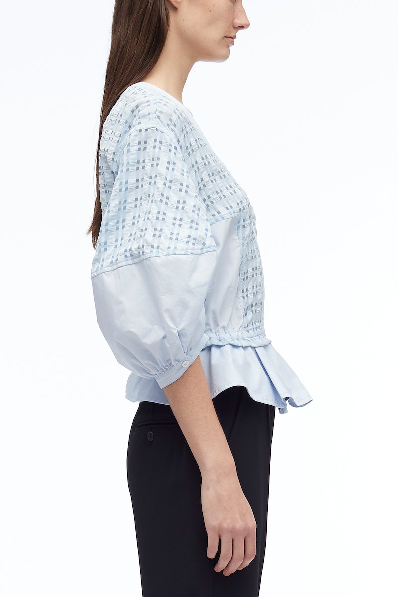 Taffeta Check Puff Sleeve Zip Top-blue #0 Taffeta Check Puff Sleeve Zip Top, null- 2