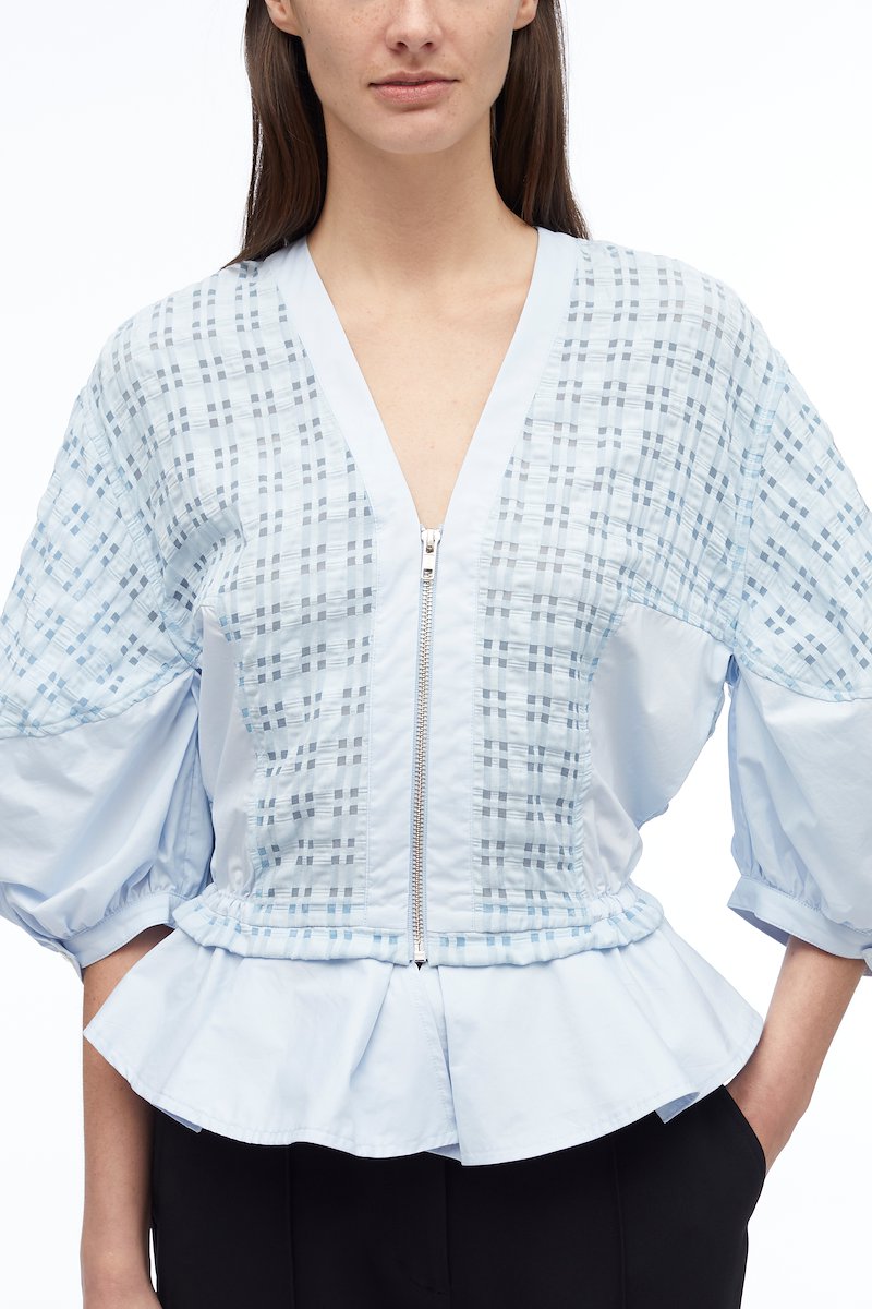 Taffeta Check Puff Sleeve Zip Top-blue #0 Taffeta Check Puff Sleeve Zip Top, null- 4