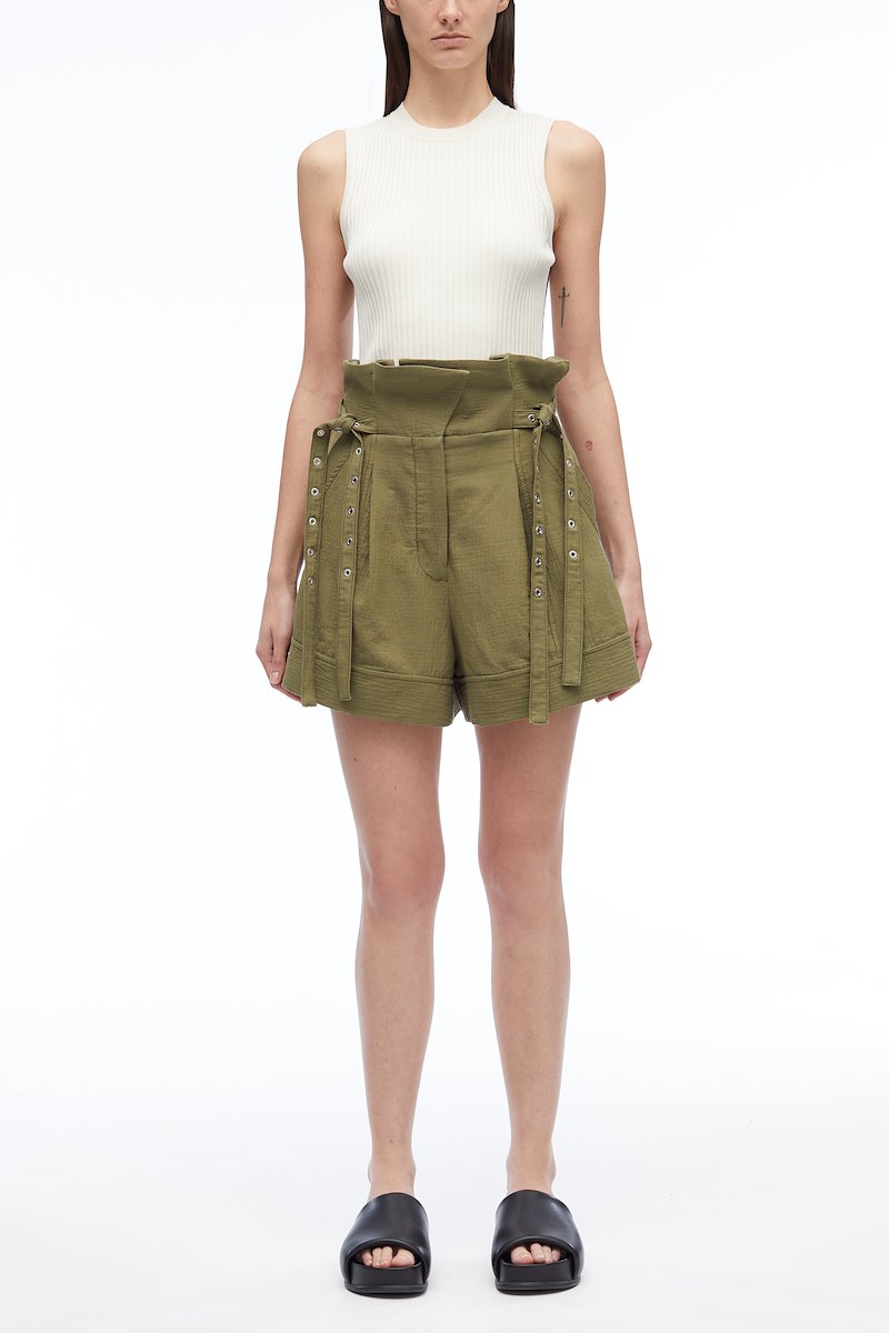 Cotton Linen Paperbag Short-green #0 Cotton Linen Paperbag Short, Paperbag cotton-linen shorts from 3.1 PHILLIP LIM featuring olive green, cotton-linen blend, eyelet detailing, bow detailing, high waist, concealed front fastening and thigh-length.- 0