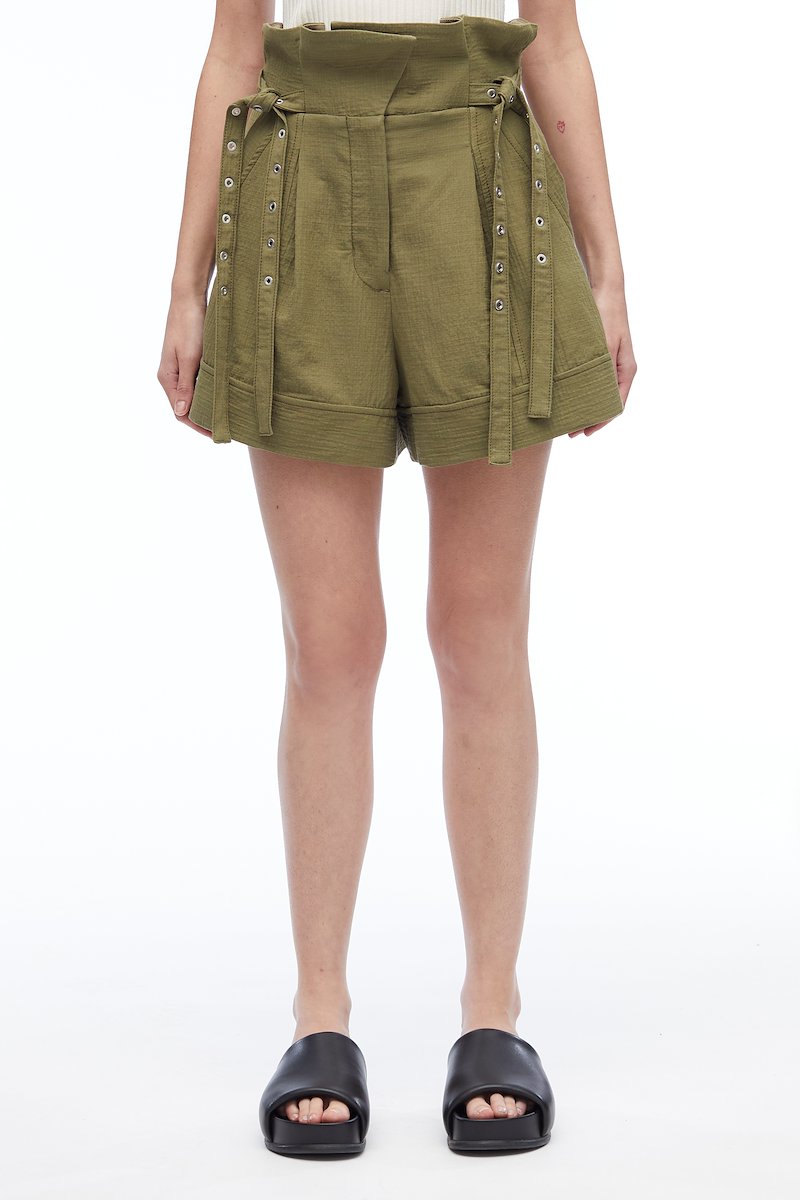 Cotton Linen Paperbag Short-green #1 Cotton Linen Paperbag Short, Paperbag cotton-linen shorts from 3.1 PHILLIP LIM featuring olive green, cotton-linen blend, eyelet detailing, bow detailing, high waist, concealed front fastening and thigh-length.- 1