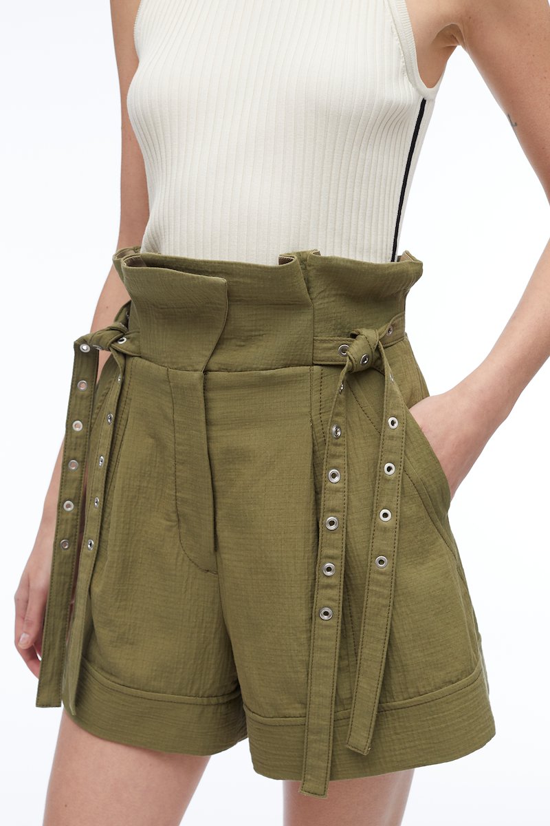 Cotton Linen Paperbag Short-green #0 Cotton Linen Paperbag Short, Paperbag cotton-linen shorts from 3.1 PHILLIP LIM featuring olive green, cotton-linen blend, eyelet detailing, bow detailing, high waist, concealed front fastening and thigh-length.- 4