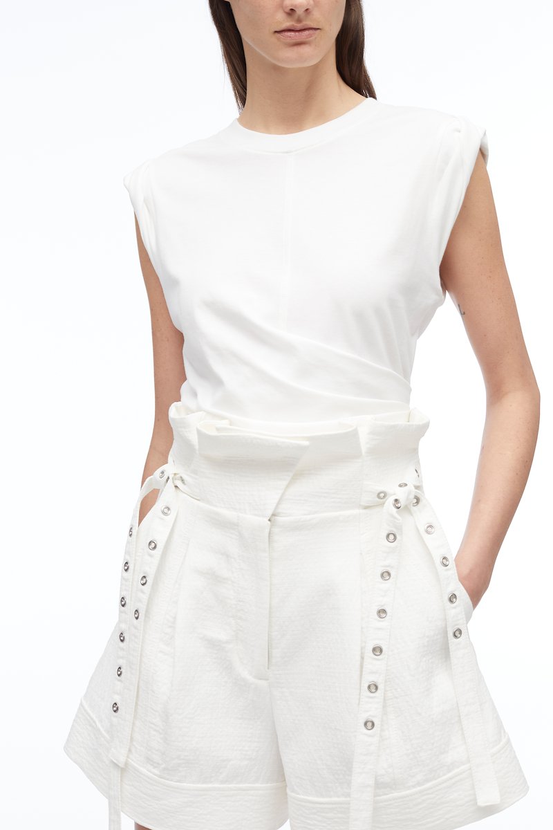 Cotton Linen Paperbag Short-white #0 Cotton Linen Paperbag Short, Paperbag cotton-linen shorts from 3.1 PHILLIP LIM featuring optical white, cotton-linen blend, eyelet detailing, bow detailing, high waist, concealed front fastening and thigh-length.- 4