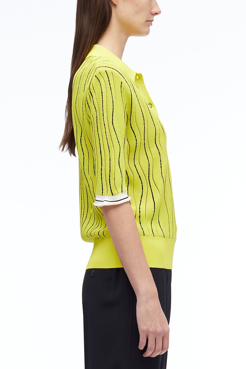 Art Nouveau Jacquard Polo Shirt-yellow #0 Art Nouveau Jacquard Polo Shirt, Art Nouveau jacquard polo shirt from 3.1 PHILLIP LIM featuring lemon yellow, multicolour, jacquard, stripe detailing, polo collar, front button placket, short sleeves, ribbed hem and straight hem.- 2