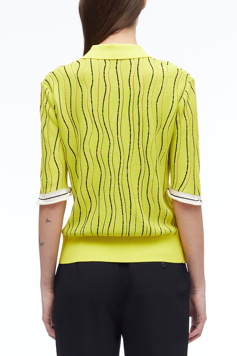 Art Nouveau Jacquard Polo Shirt-yellow #1 Art Nouveau Jacquard Polo Shirt, Art Nouveau jacquard polo shirt from 3.1 PHILLIP LIM featuring lemon yellow, multicolour, jacquard, stripe detailing, polo collar, front button placket, short sleeves, ribbed hem and straight hem.- 3