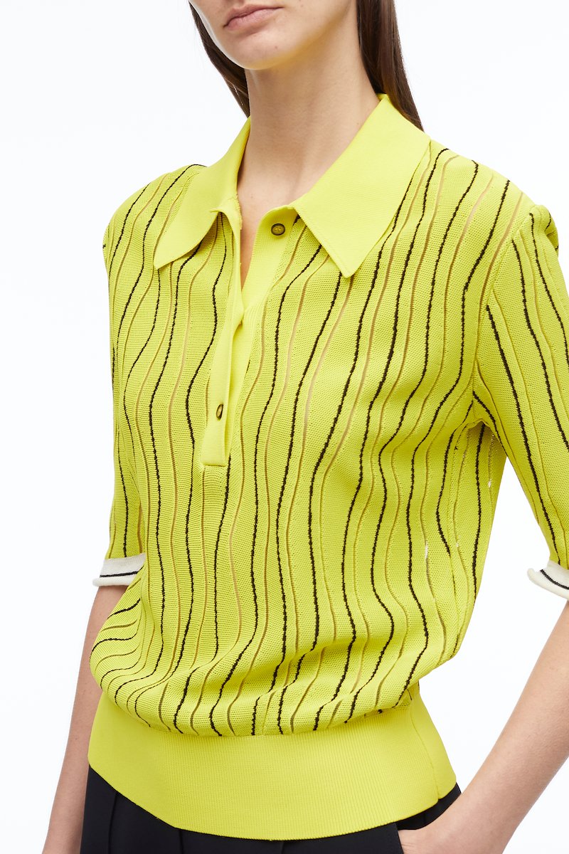 Art Nouveau Jacquard Polo Shirt-yellow #0 Art Nouveau Jacquard Polo Shirt, Art Nouveau jacquard polo shirt from 3.1 PHILLIP LIM featuring lemon yellow, multicolour, jacquard, stripe detailing, polo collar, front button placket, short sleeves, ribbed hem and straight hem.- 4