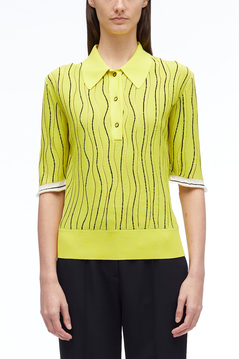 Art Nouveau Jacquard Polo Shirt-yellow #1 Art Nouveau Jacquard Polo Shirt, Art Nouveau jacquard polo shirt from 3.1 PHILLIP LIM featuring lemon yellow, multicolour, jacquard, stripe detailing, polo collar, front button placket, short sleeves, ribbed hem and straight hem.- 1