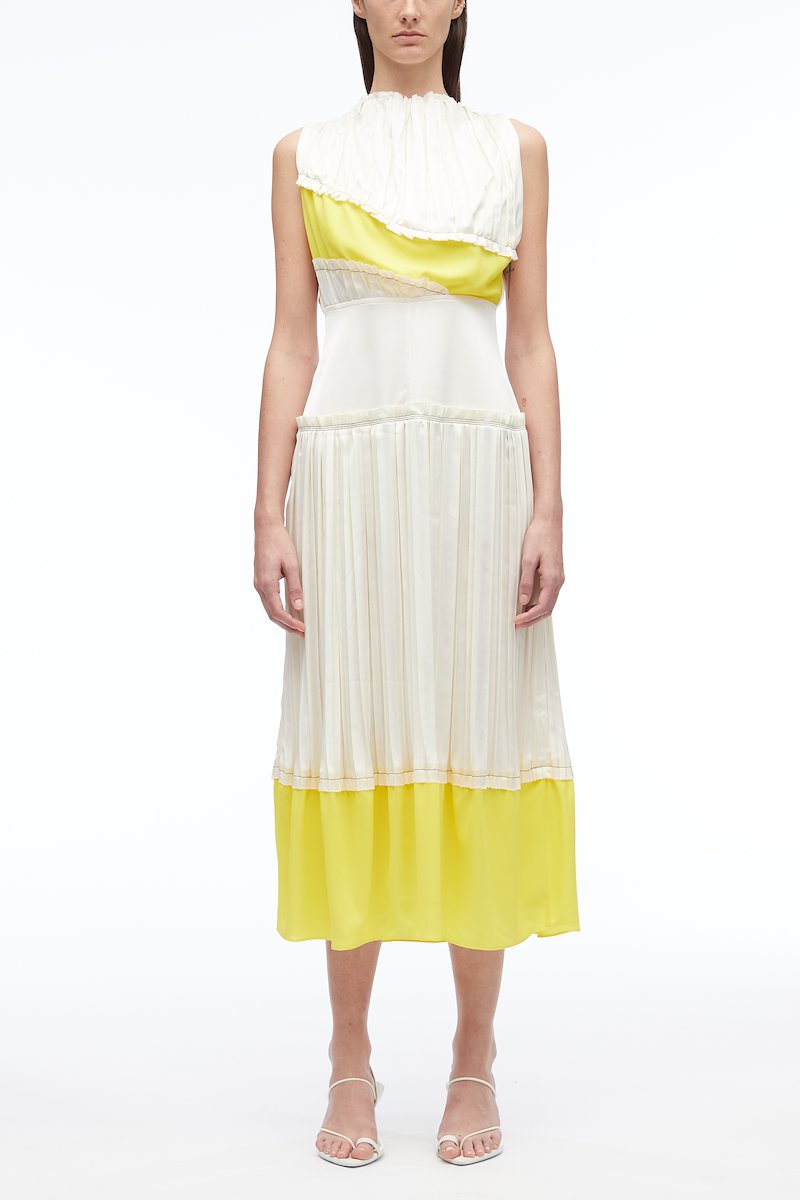 Pleated Satin Sleeveless Dress-white #0 Pleated Satin Sleeveless Dress, null- 0