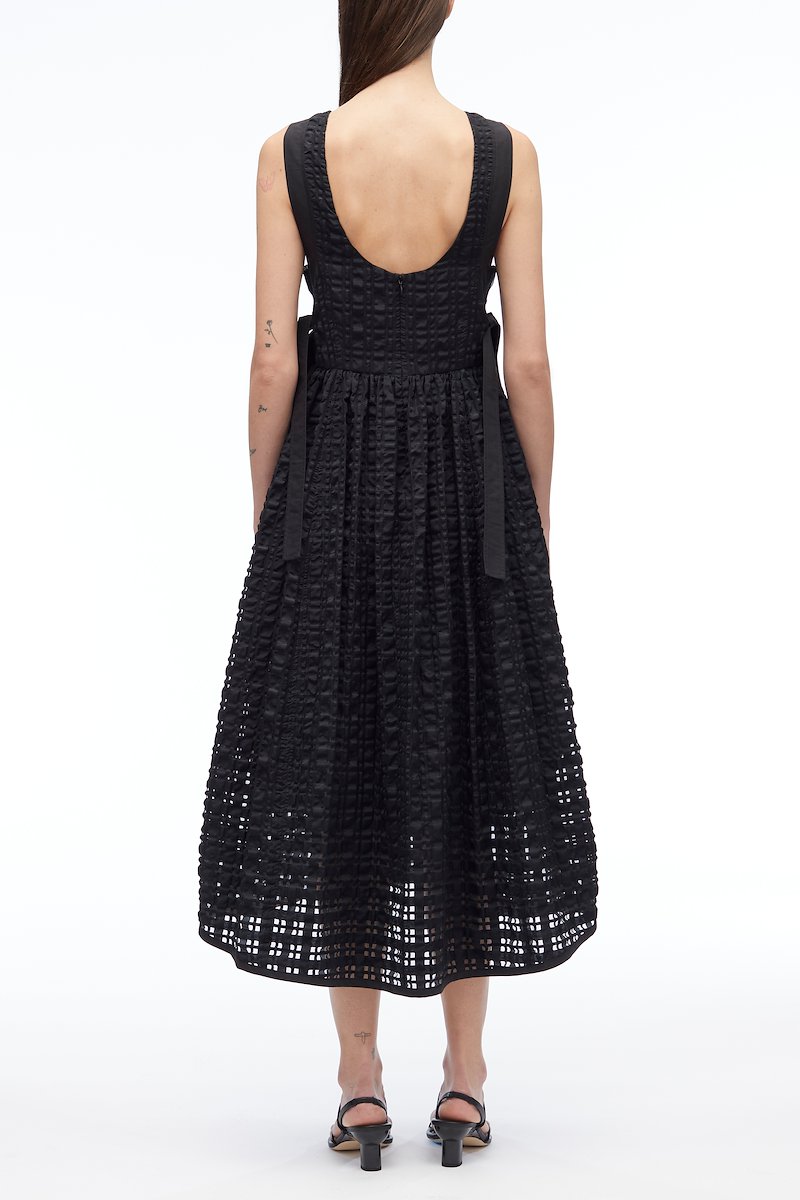 Taffeta Check Sleeveless Dress-black #0 Taffeta Check Sleeveless Dress, Taffeta checked sleeveless dress from 3.1 PHILLIP LIM featuring black, check pattern, round neck, sleeveless, side bow fastening, scoop back, tiered skirt and flared hem.- 2