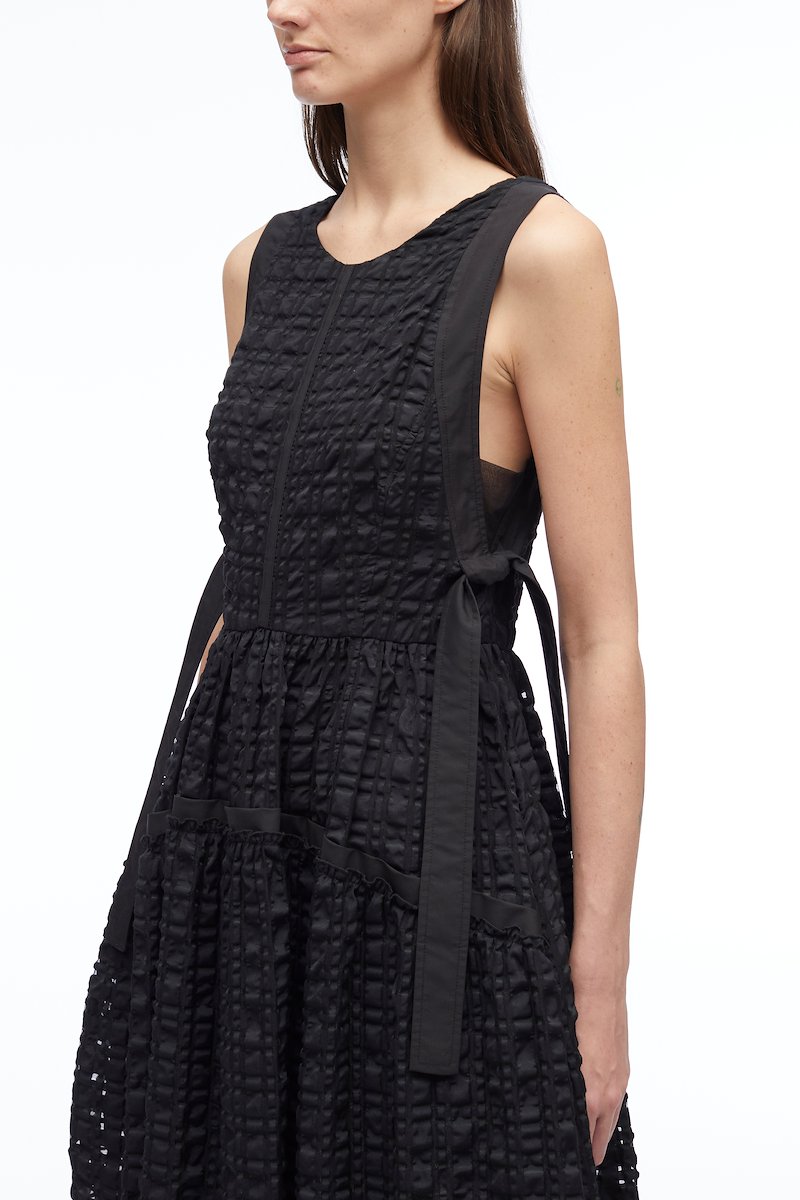 Taffeta Check Sleeveless Dress-black #1 Taffeta Check Sleeveless Dress, Taffeta checked sleeveless dress from 3.1 PHILLIP LIM featuring black, check pattern, round neck, sleeveless, side bow fastening, scoop back, tiered skirt and flared hem.- 3