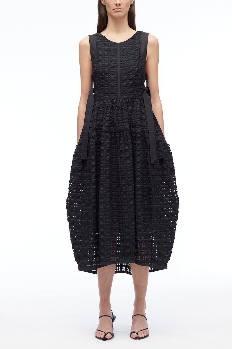 Taffeta Check Sleeveless Dress-black #0 Taffeta Check Sleeveless Dress, Taffeta checked sleeveless dress from 3.1 PHILLIP LIM featuring black, check pattern, round neck, sleeveless, side bow fastening, scoop back, tiered skirt and flared hem.- 0
