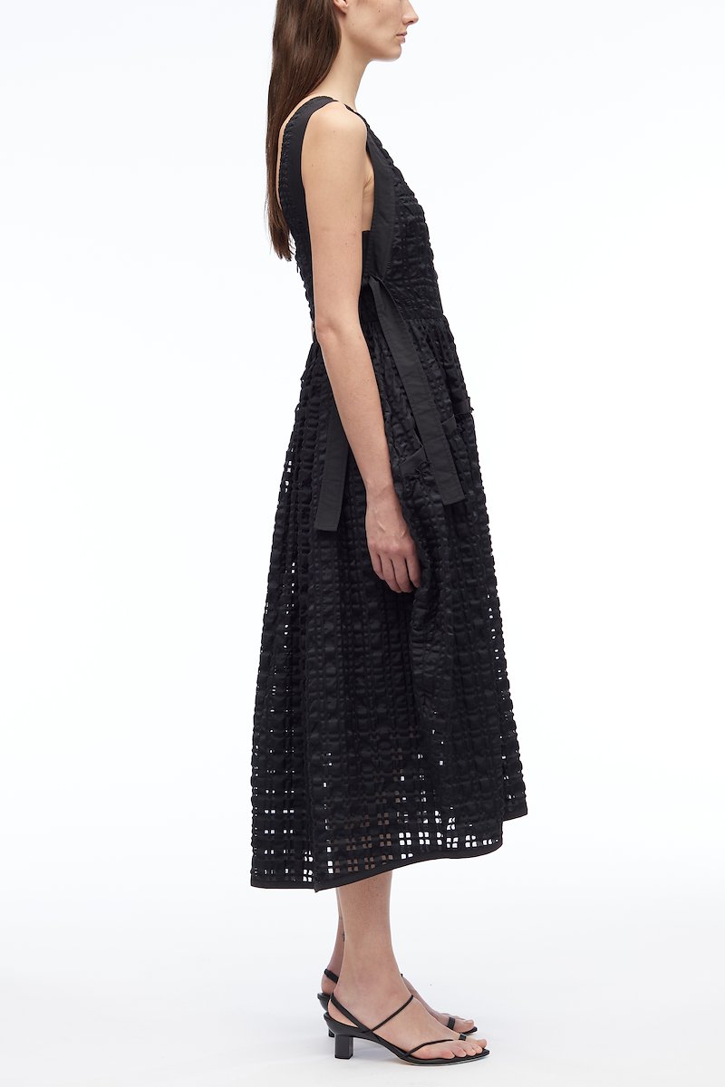 Taffeta Check Sleeveless Dress-black #1 Taffeta Check Sleeveless Dress, Taffeta checked sleeveless dress from 3.1 PHILLIP LIM featuring black, check pattern, round neck, sleeveless, side bow fastening, scoop back, tiered skirt and flared hem.- 1