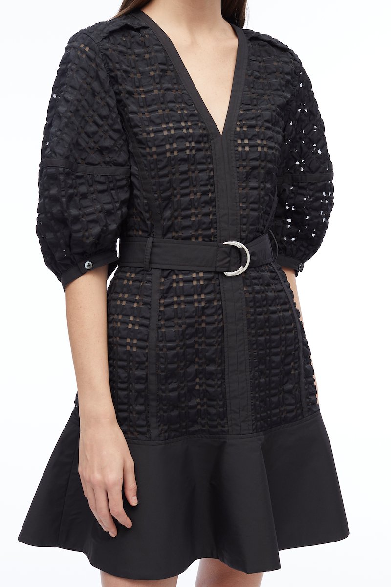 Taffeta Check Puff Sleeve Dress-black #1 Taffeta Check Puff Sleeve Dress, null- 3