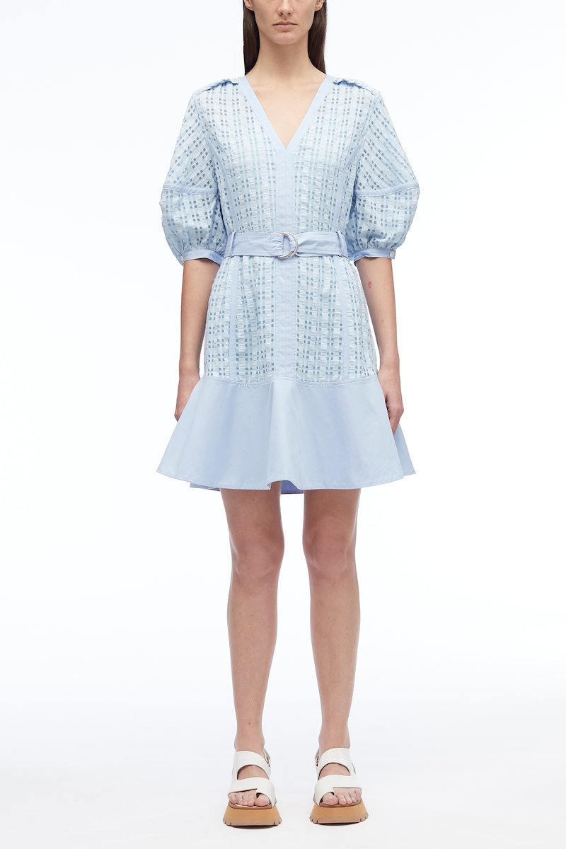 Taffeta Check Puff Sleeve Dress-blue #0 Taffeta Check Puff Sleeve Dress, null- 0