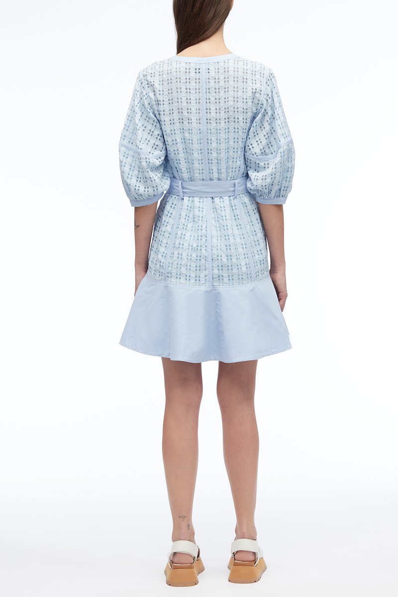 Taffeta Check Puff Sleeve Dress-blue #0 Taffeta Check Puff Sleeve Dress, null- 2