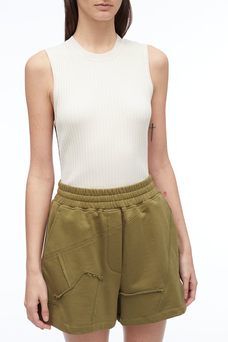 Patched Sweatshort-green #0 Patched Sweatshort, panelled cotton track shorts from 3.1 PHILLIP LIM featuring light olive green, cotton, panelled design, high-waisted, elasticated waistband, two side slit pockets, straight leg and thigh-length.- 4