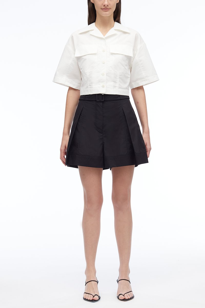 Poplin Belted Utility Short-black #0 Poplin Belted Utility Short, pleat-detail belted shorts from 3.1 PHILLIP LIM featuring black, cotton blend, pleat detailing, detachable and adjustable waist belt, belt loops, concealed front fastening, two side slit pockets, rear button-fastening pocket and straight hem.- 0