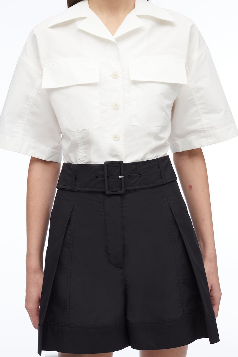 Poplin Belted Utility Short-black #0 Poplin Belted Utility Short, pleat-detail belted shorts from 3.1 PHILLIP LIM featuring black, cotton blend, pleat detailing, detachable and adjustable waist belt, belt loops, concealed front fastening, two side slit pockets, rear button-fastening pocket and straight hem.- 4