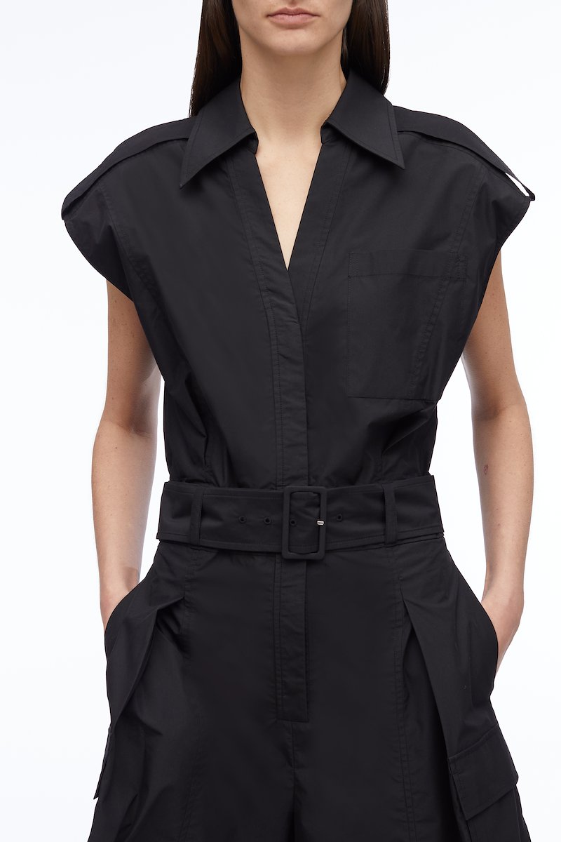 Sleeveless Utility Collared Romper-black #1 Sleeveless Utility Collared Romper, pleat detail belted playsuit from 3.1 PHILLIP LIM featuring black, cotton blend, pleat detailing, belted waist, classic collar, rear elasticated waistband, chest patch pocket, two side flap pockets and short sleeves.- 3