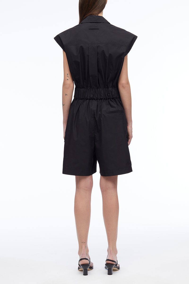 Sleeveless Utility Collared Romper-black #0 Sleeveless Utility Collared Romper, pleat detail belted playsuit from 3.1 PHILLIP LIM featuring black, cotton blend, pleat detailing, belted waist, classic collar, rear elasticated waistband, chest patch pocket, two side flap pockets and short sleeves.- 2