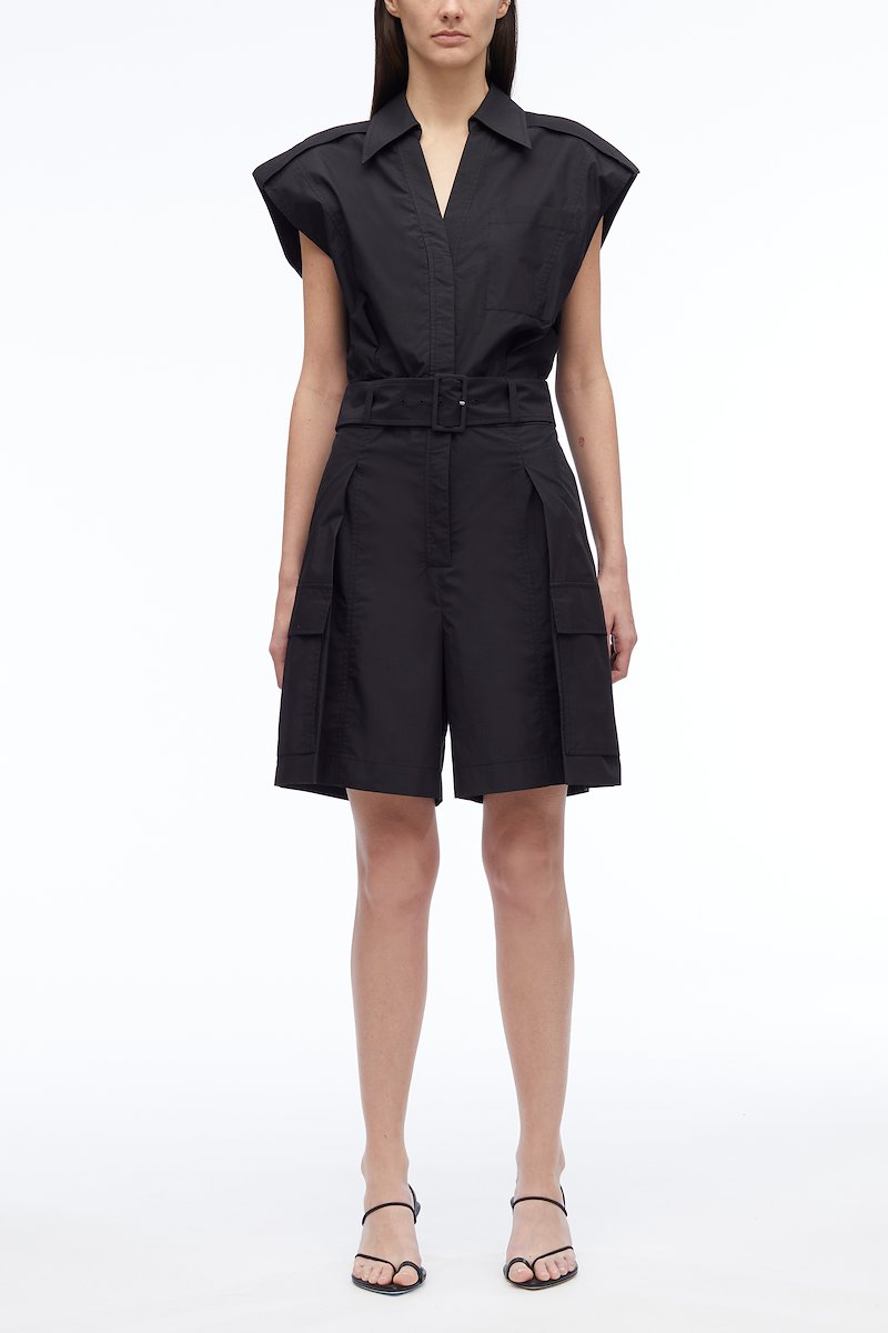 Sleeveless Utility Collared Romper-black #0 Sleeveless Utility Collared Romper, pleat detail belted playsuit from 3.1 PHILLIP LIM featuring black, cotton blend, pleat detailing, belted waist, classic collar, rear elasticated waistband, chest patch pocket, two side flap pockets and short sleeves.- 0