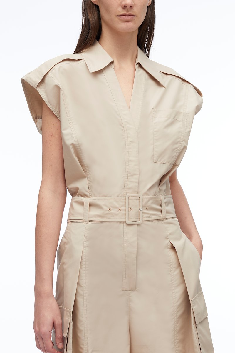 Sleeveless Utility Collared Romper-neutrals #0 Sleeveless Utility Collared Romper, pleat detail belted playsuit from 3.1 PHILLIP LIM featuring sand beige, cotton blend, pleat detailing, belted waist, classic collar, rear elasticated waistband, chest patch pocket, two side flap pockets and short sleeves.- 4