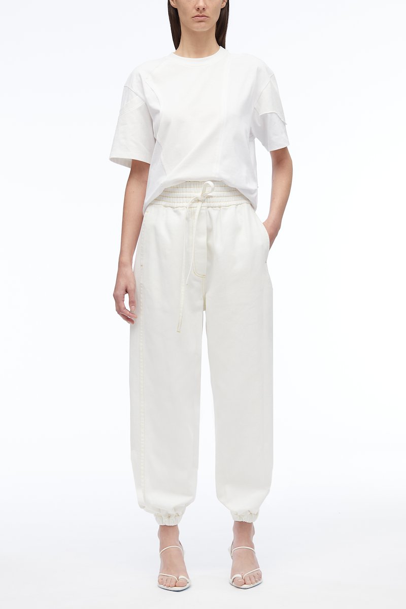 Stonewashed Denim Origami Pant-white #0 Stonewashed Denim Origami Pant, pleat-detail straight-leg trousers from 3.1 PHILLIP LIM featuring white, cotton, contrast stitching, pleat detailing, high waist, tied waist, two side slit pockets, rear flap pocket and straight leg.- 0